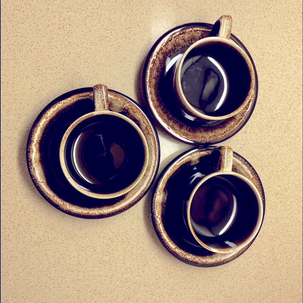 VINTAGE Pfalgraff Brown Drip coffee and saucer set for 3